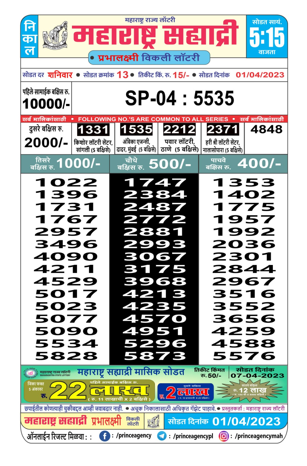 Lottery Result Today April 1, 2023