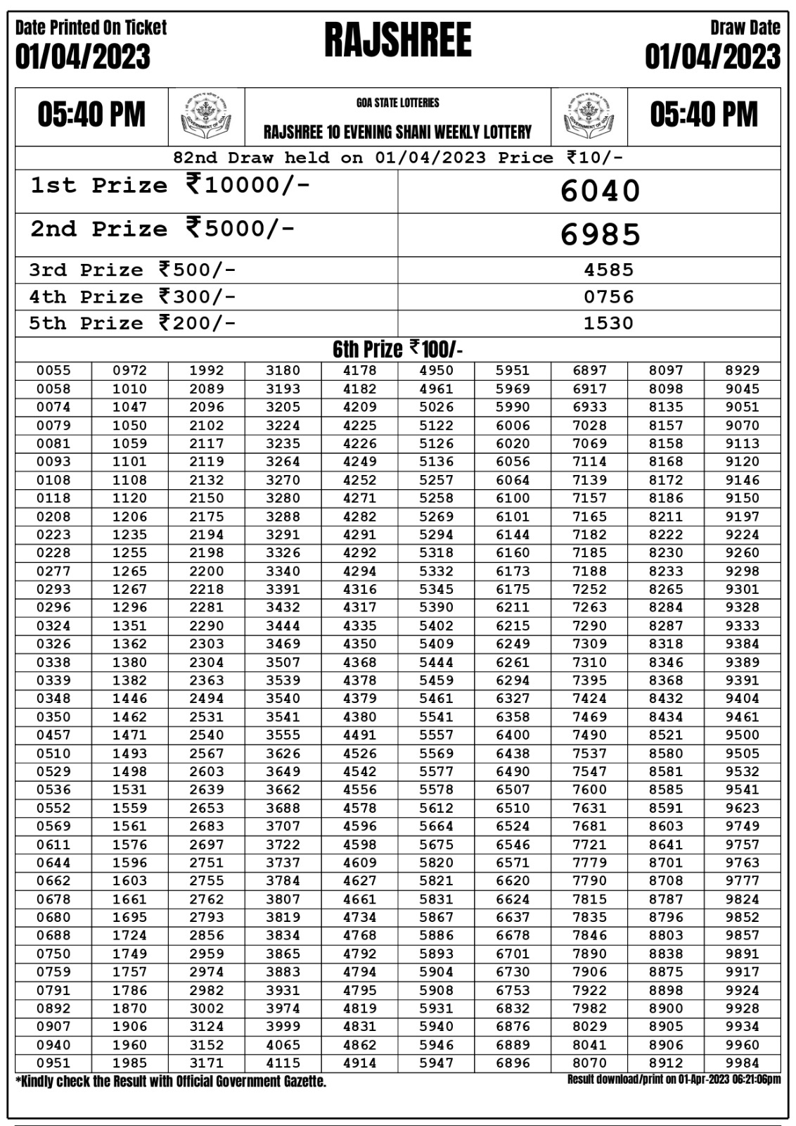 Lottery Result Today April 1, 2023