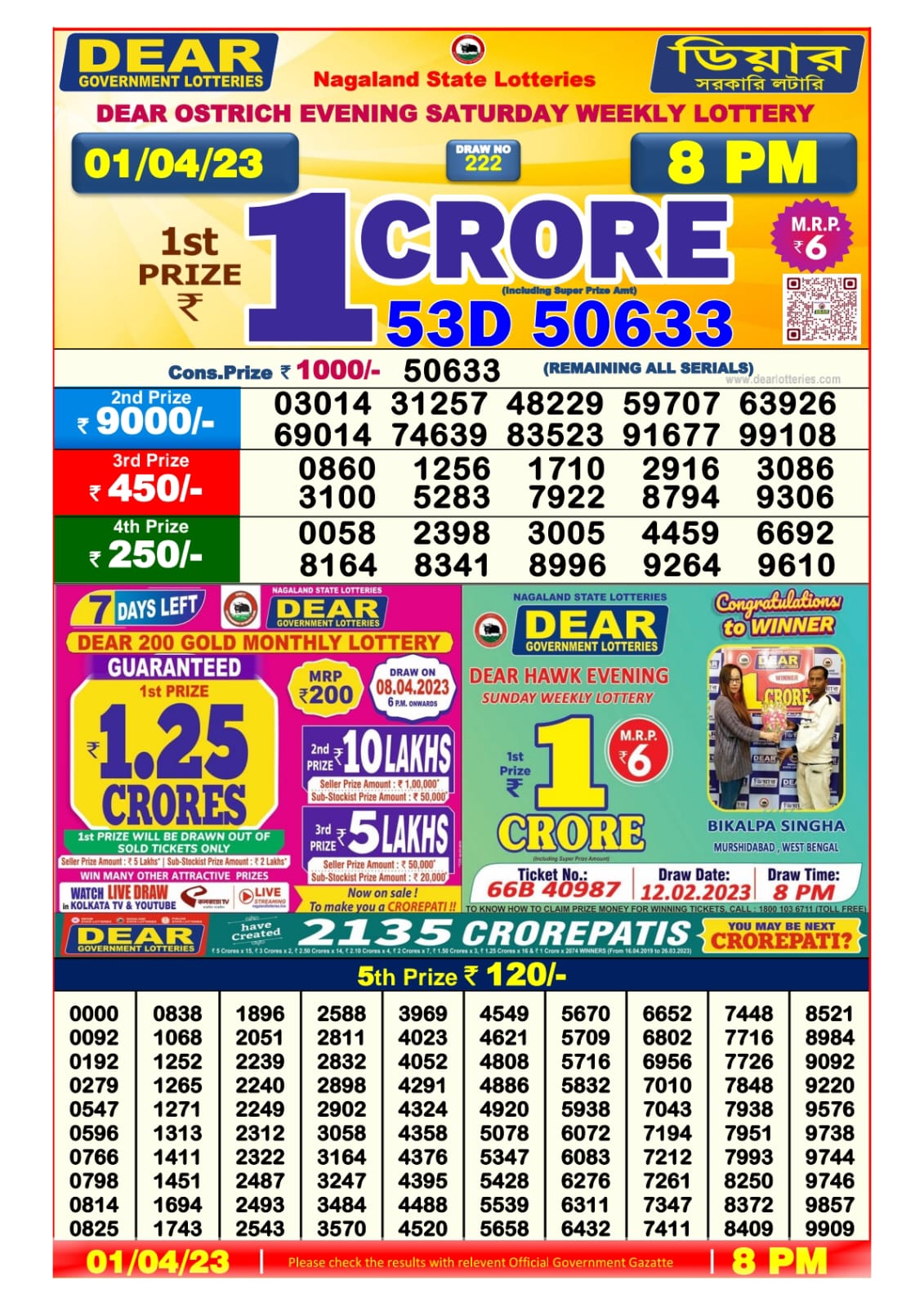 Lottery Result Today April 1, 2023