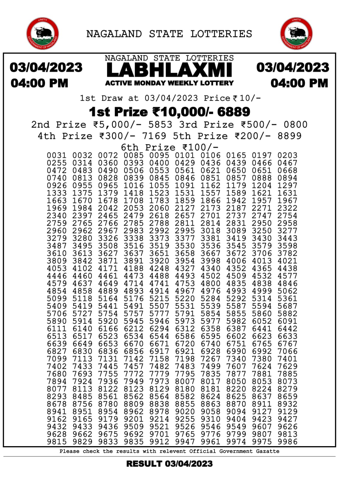 Lottery Result Today April 3, 2023