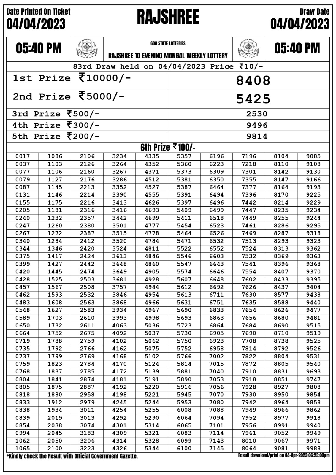 Lottery Result Today April 4, 2023