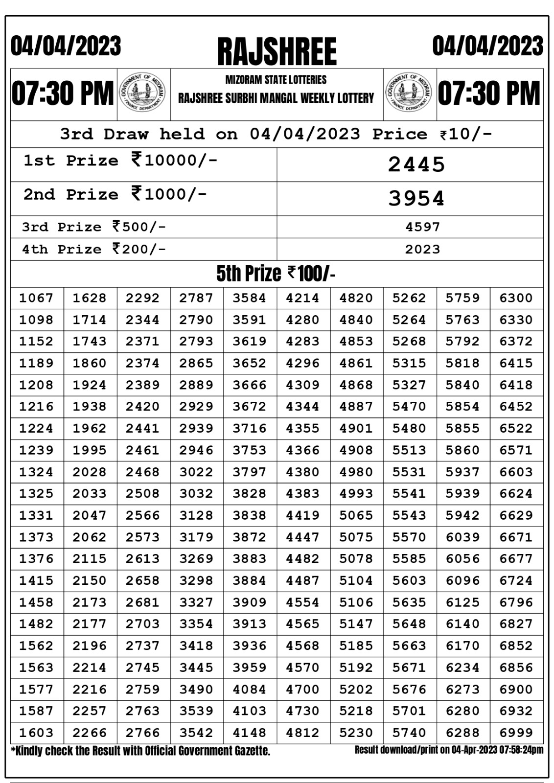 Lottery Result Today April 4, 2023