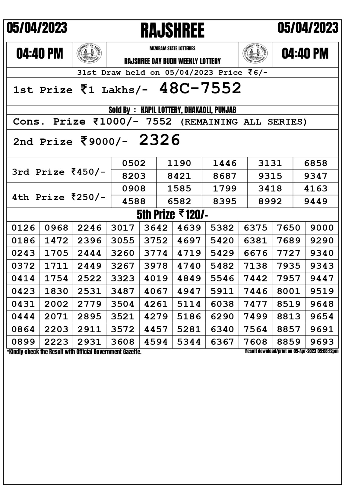 Lottery Result Today April 5, 2023