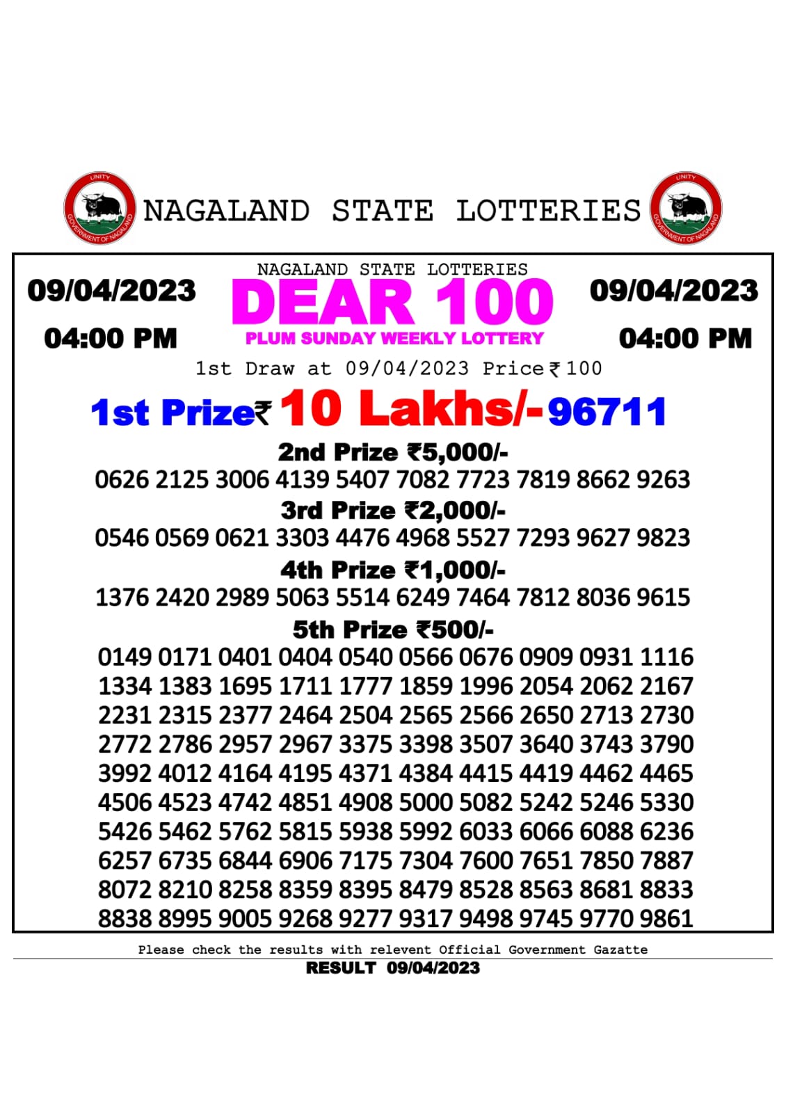 Lottery Result Today April 9, 2023