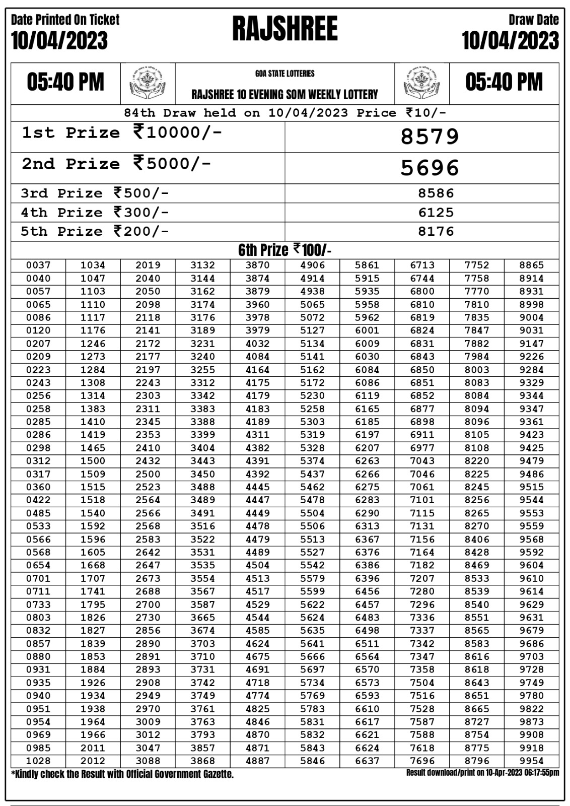 Lottery Result Today April 10, 2023