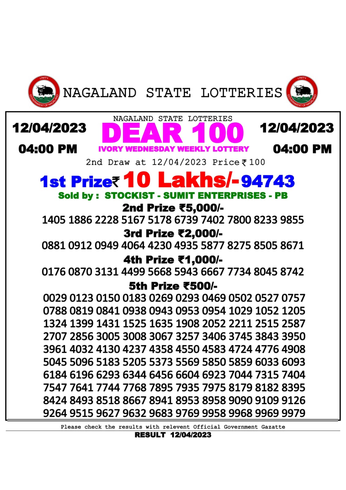 Lottery Result Today April 12, 2023