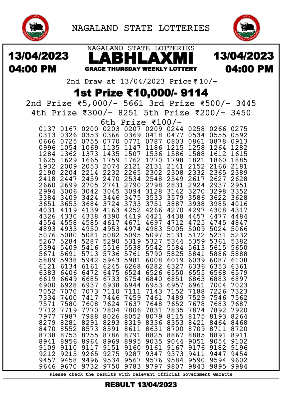 Lottery Result Today April 13, 2023