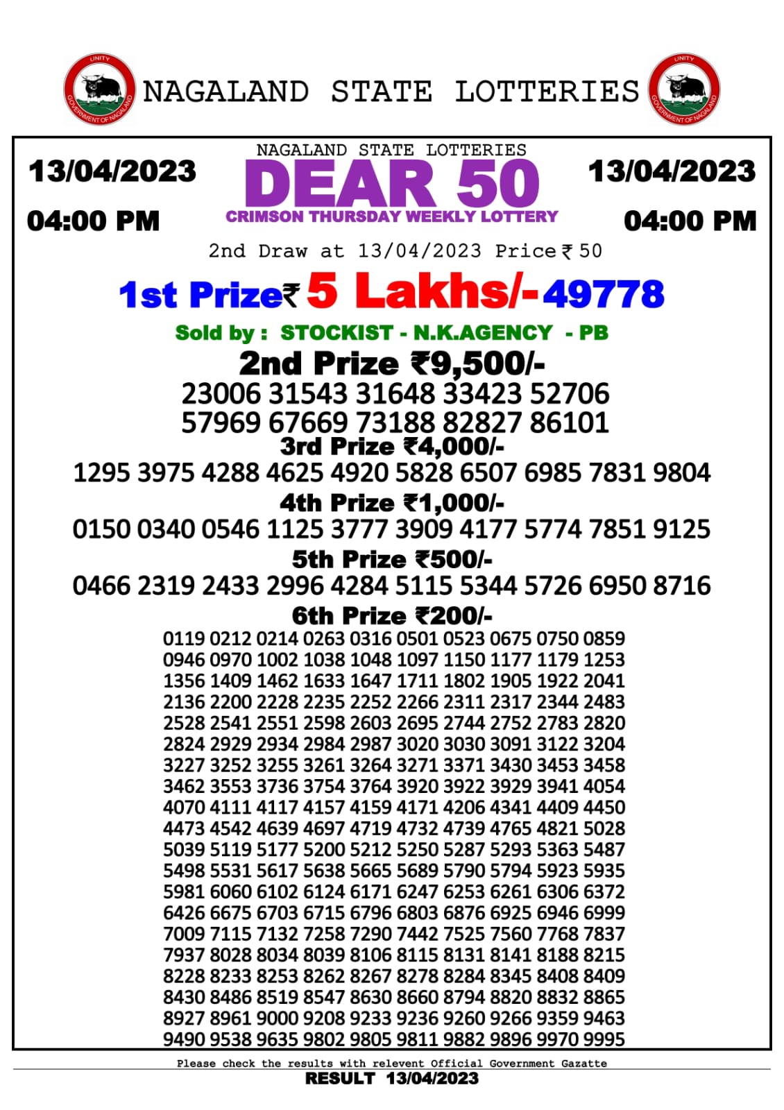 Lottery Result Today April 13, 2023