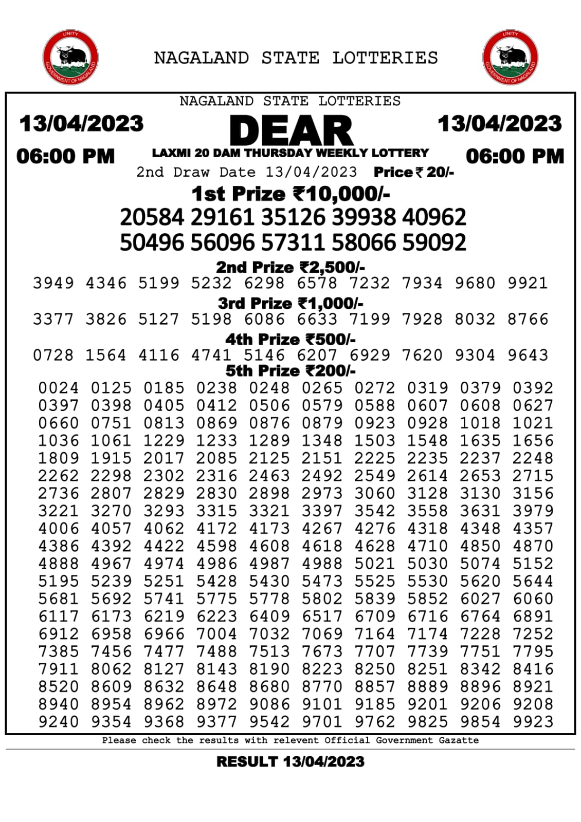 Lottery Result Today April 13, 2023