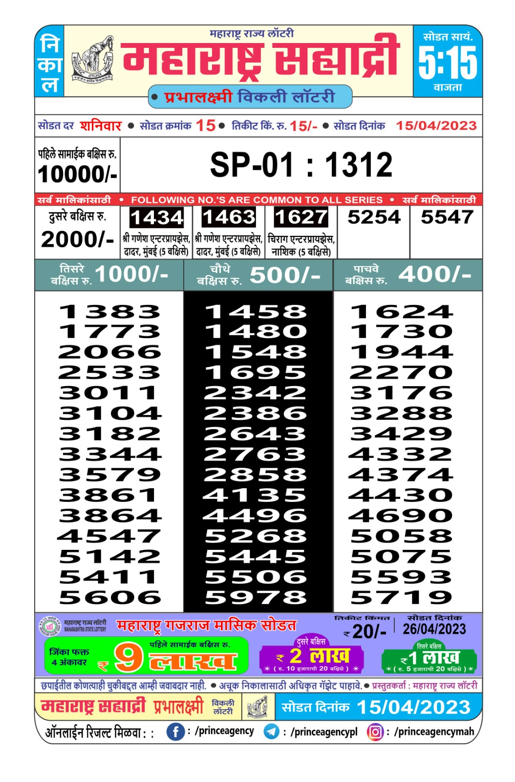 Lottery Result Today April 15, 2023