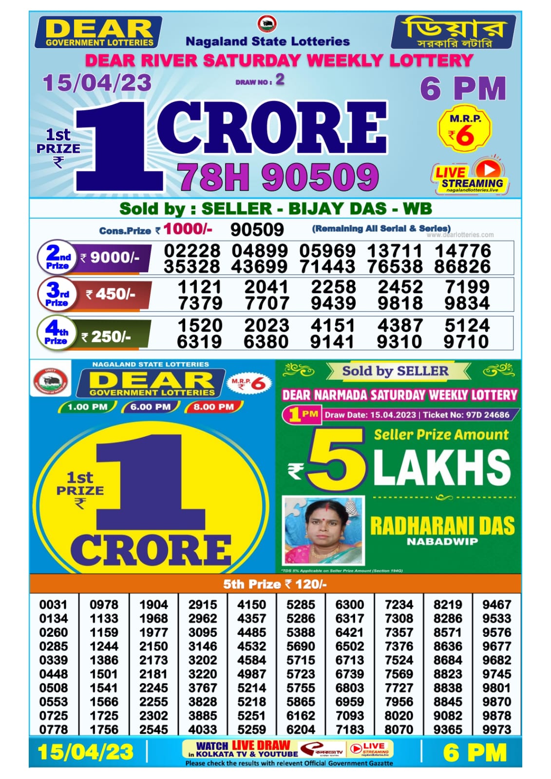 Lottery Result Today April 15, 2023