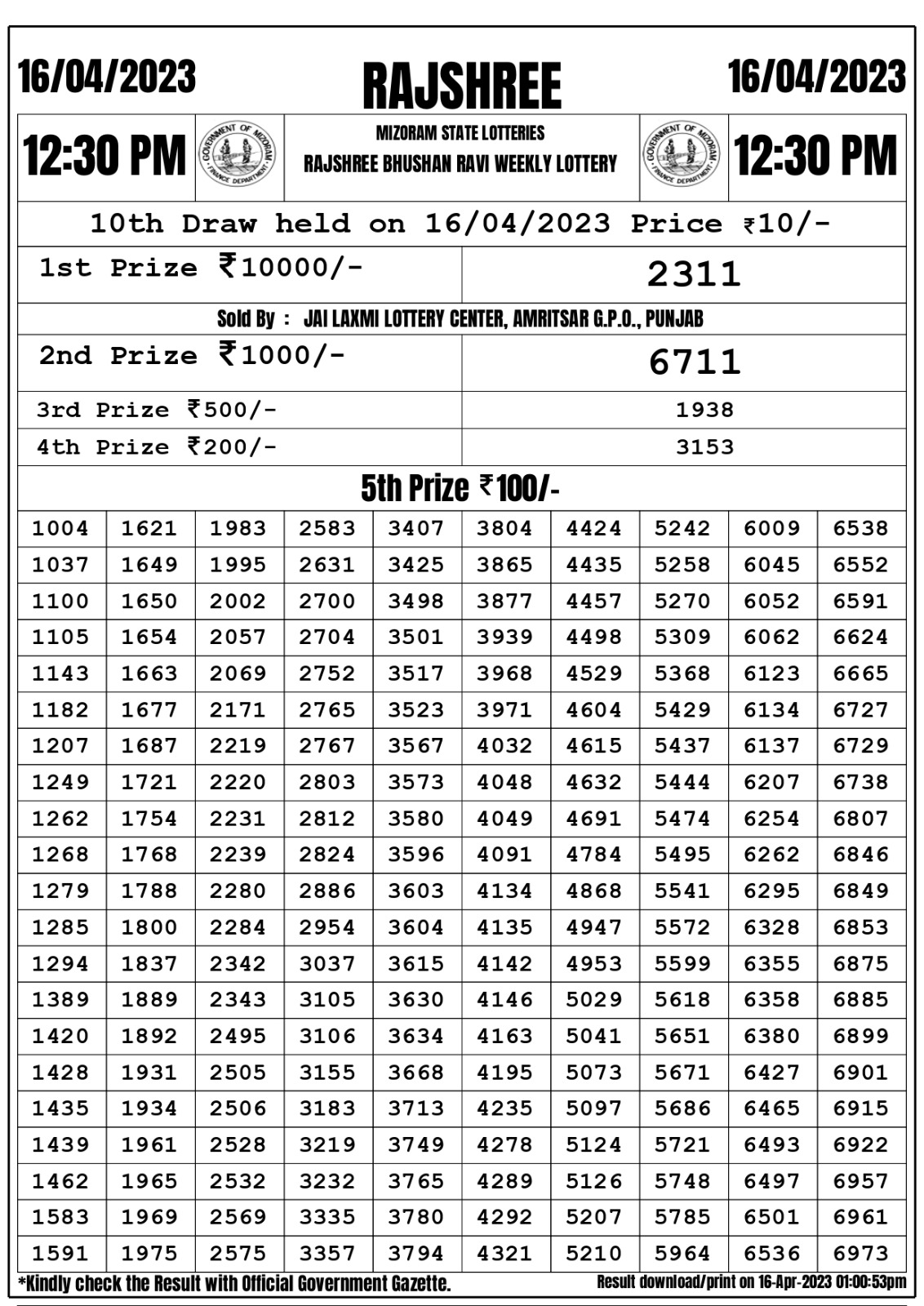 Lottery Result Today April 16, 2023