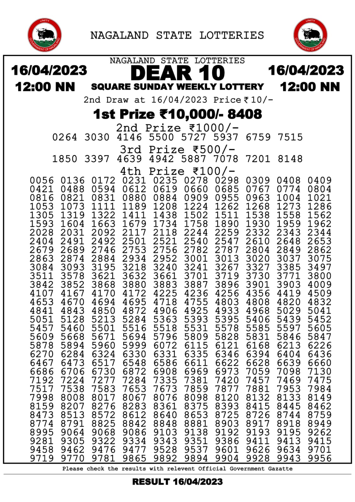 Lottery Result Today April 16, 2023