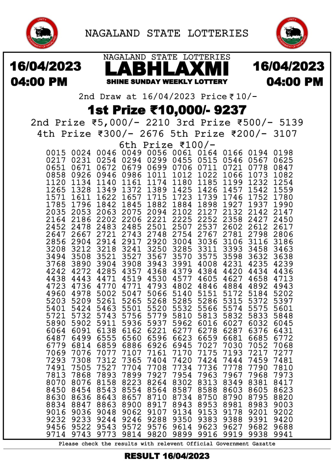 Lottery Result Today April 16, 2023