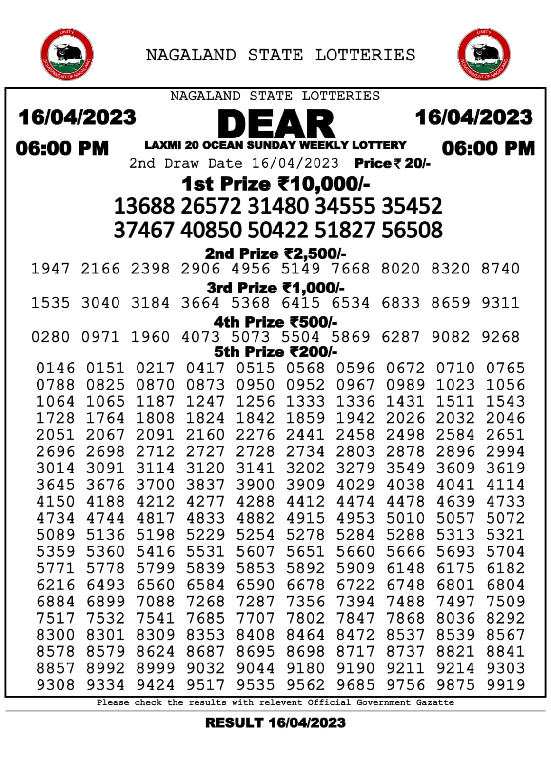 Lottery Result Today April 16, 2023