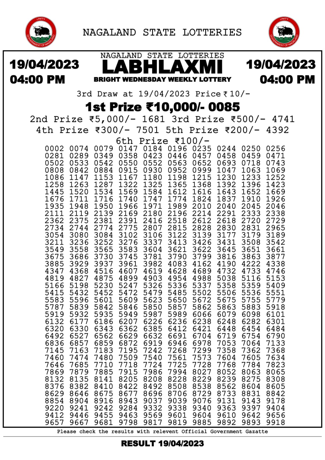 Lottery Result Today April 19, 2023