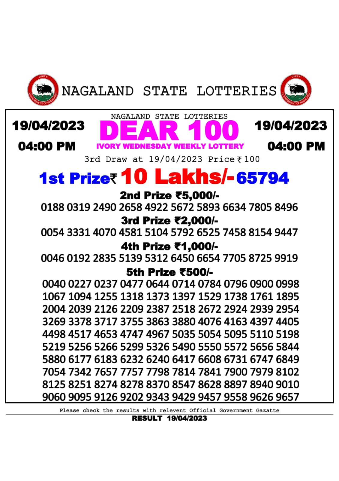 Lottery Result Today April 19, 2023