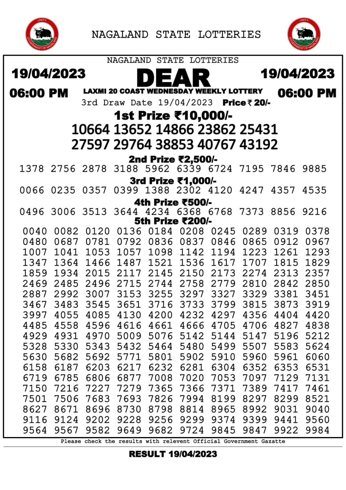 Lottery Result Today April 19, 2023