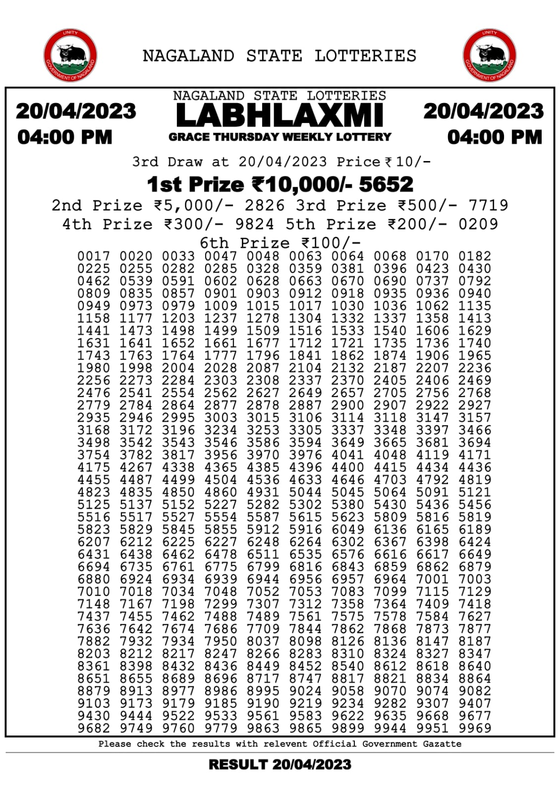 Lottery Result Today April 20, 2023