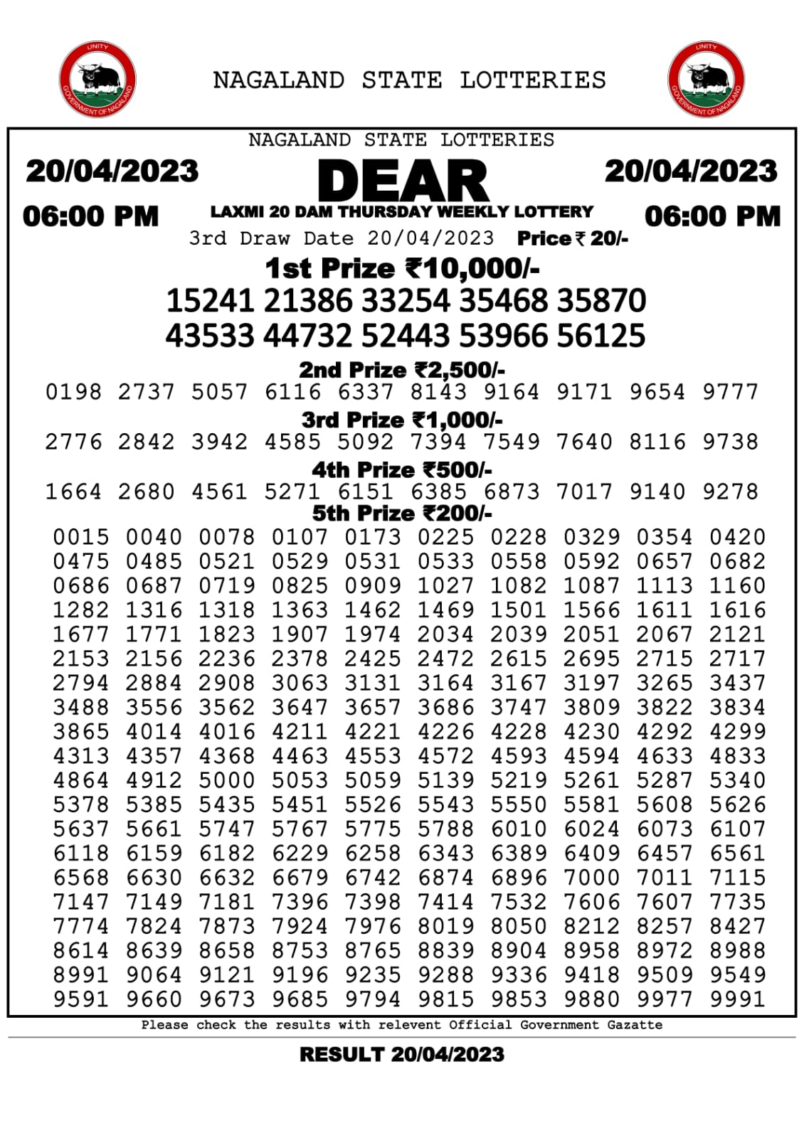 Lottery Result Today April 20, 2023