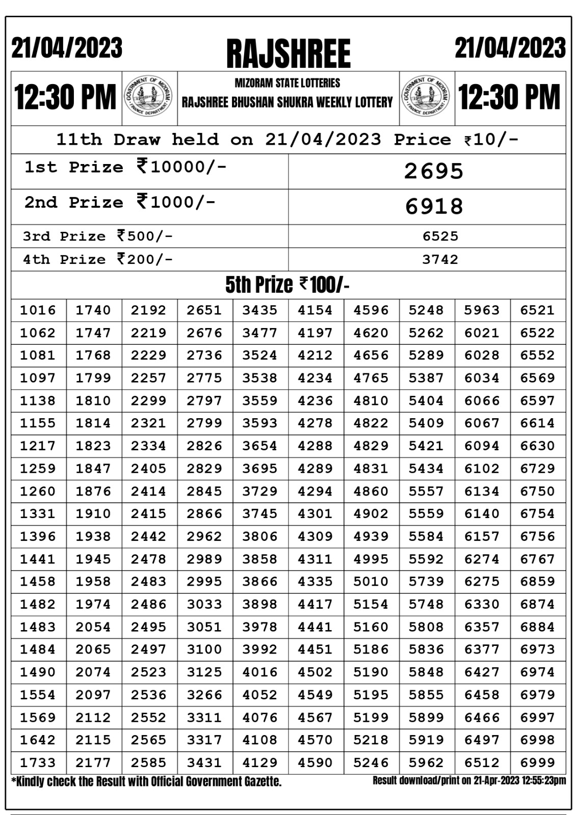 Lottery Result Today April 21, 2023