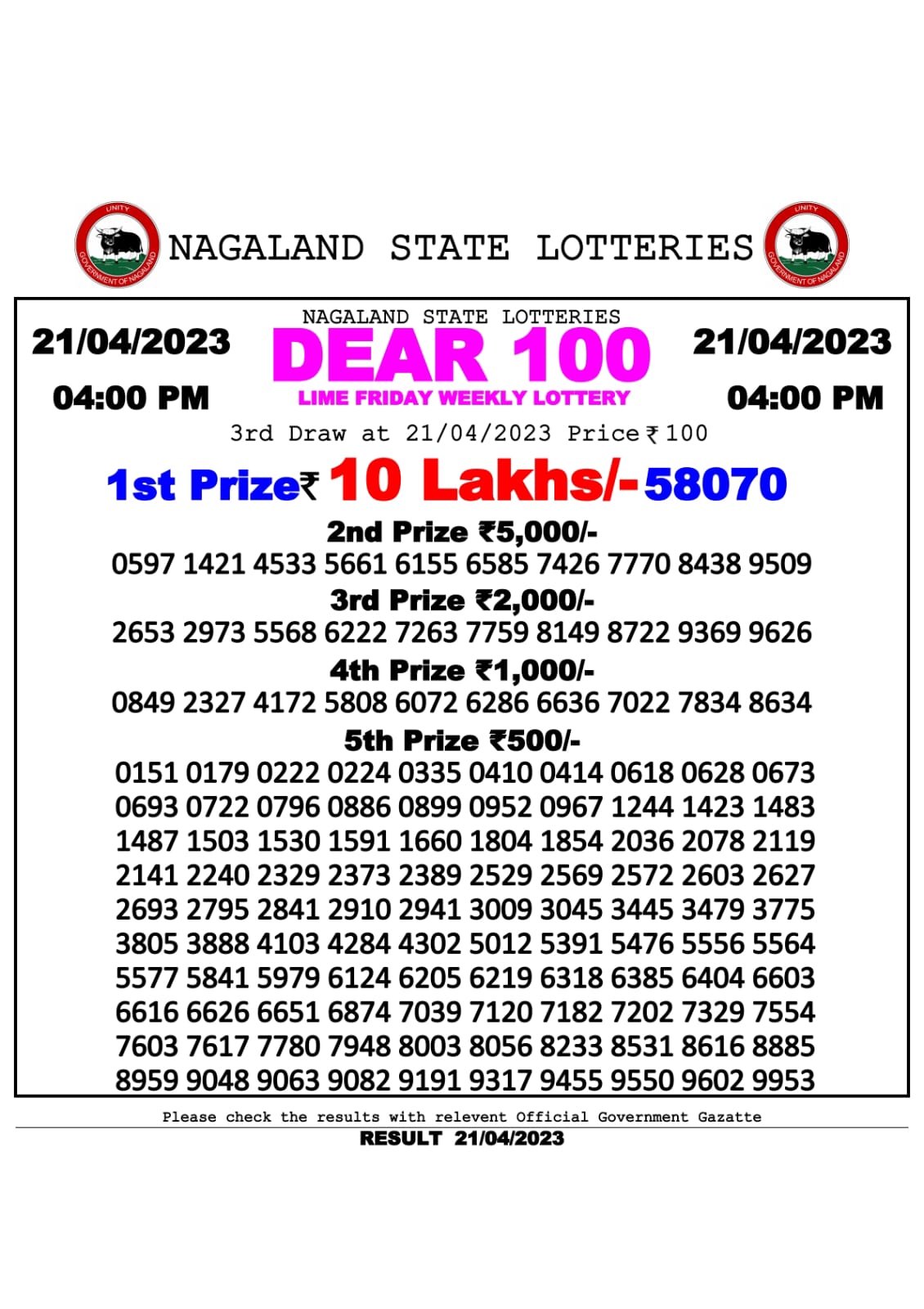 Lottery Result Today April 21, 2023