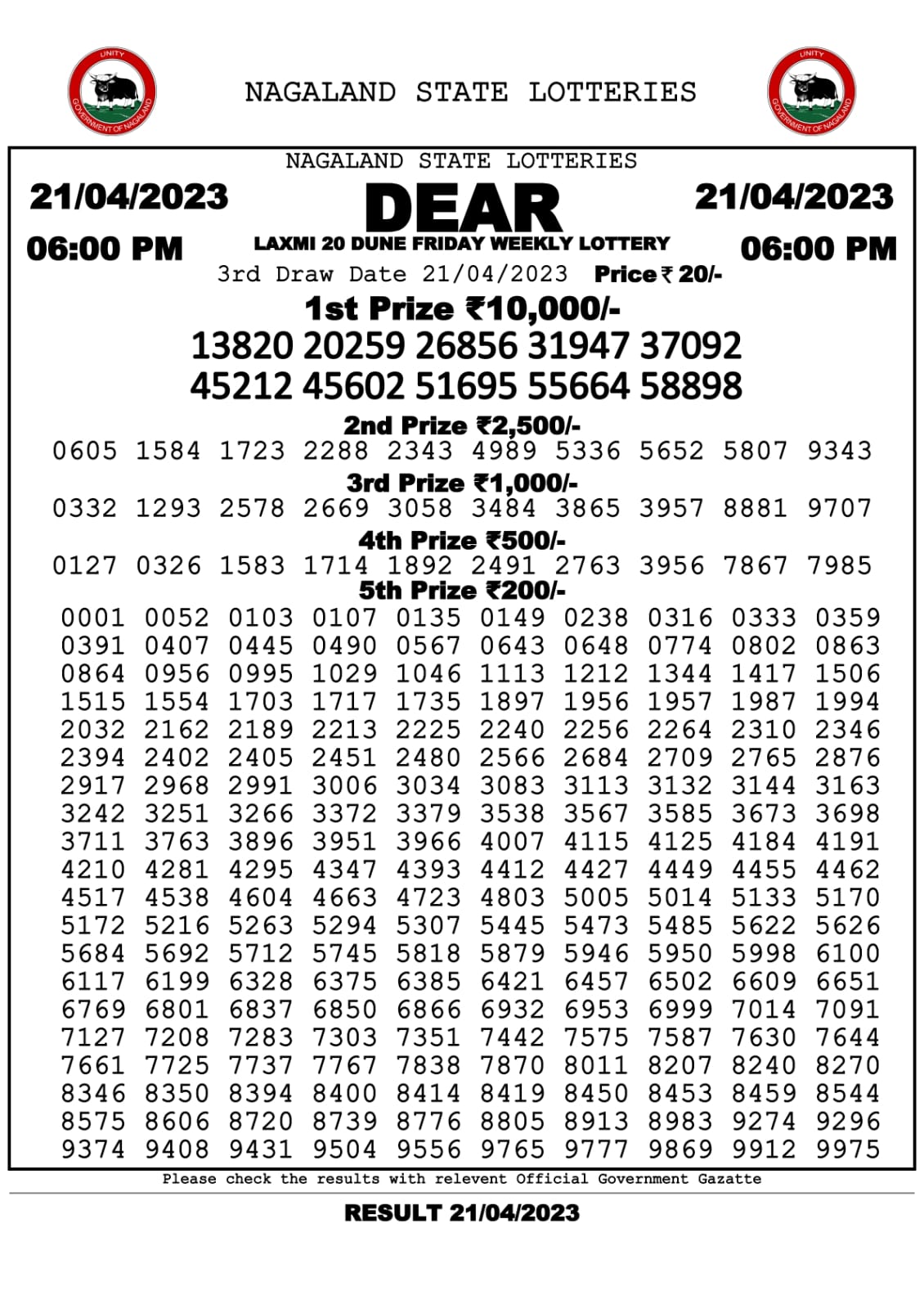 Lottery Result Today April 21, 2023