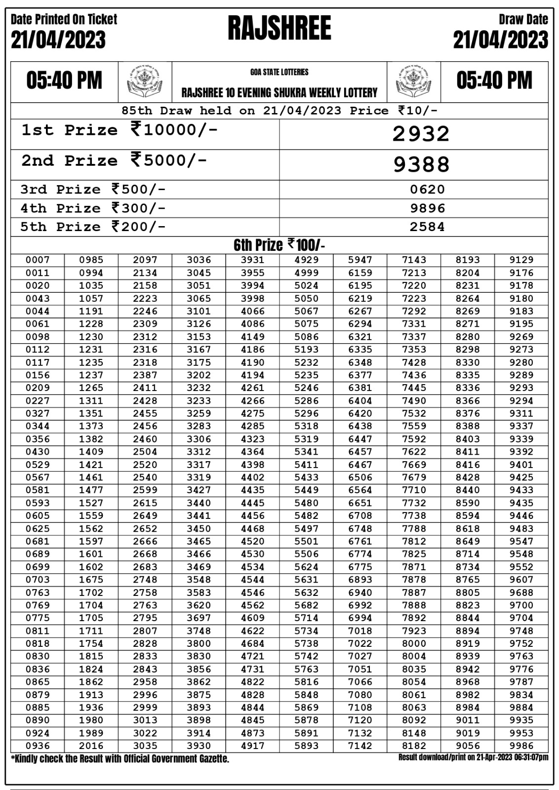 Lottery Result Today April 21, 2023