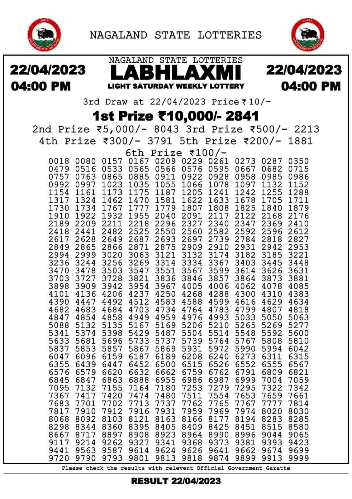 Lottery Result Today April 22, 2023