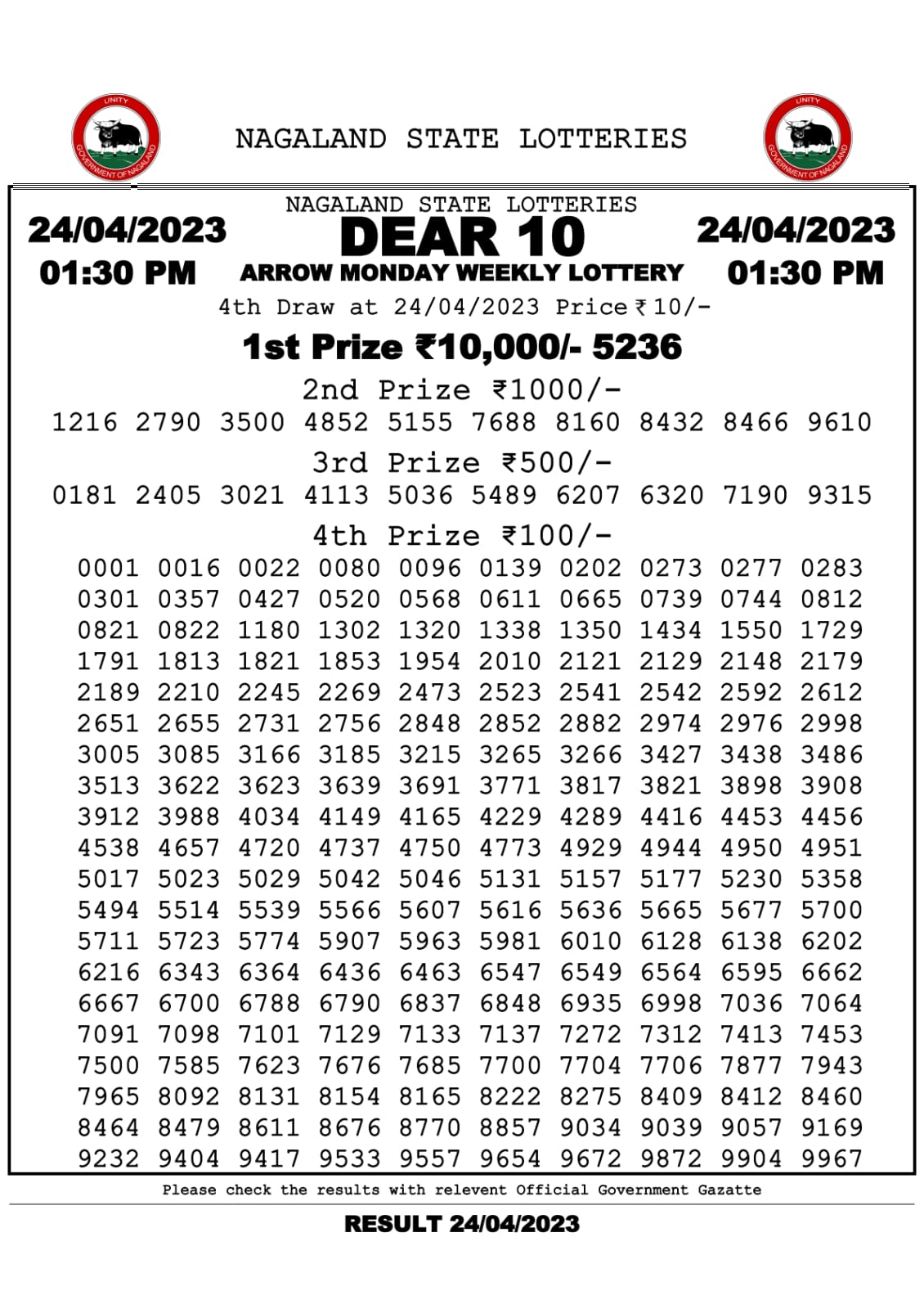 Lottery Result Today April 24, 2023