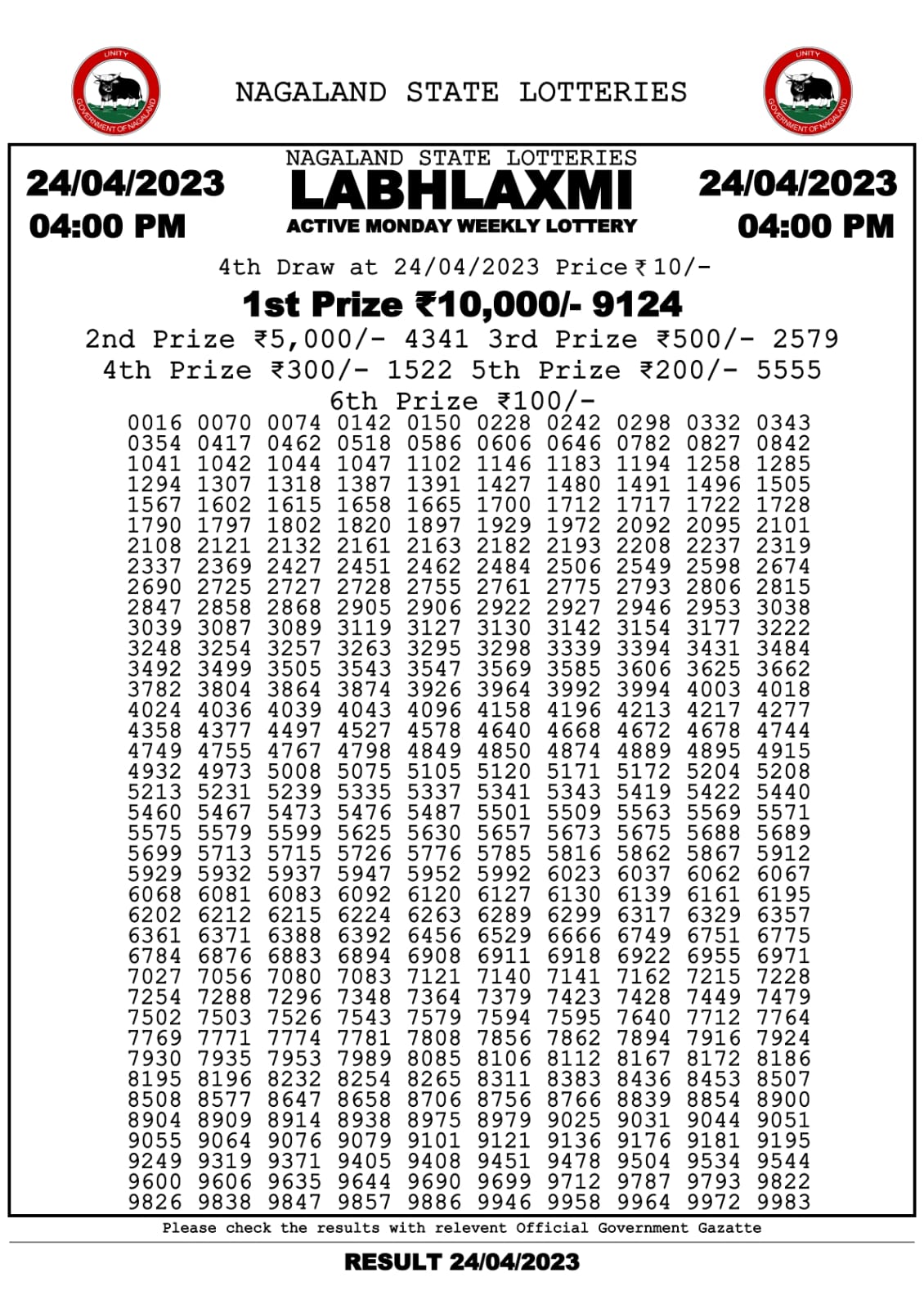 Lottery Result Today April 24, 2023