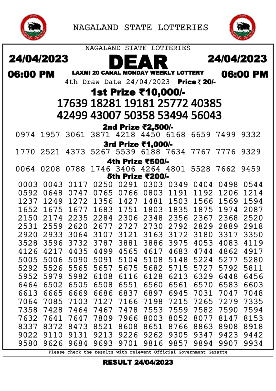 Lottery Result Today April 24, 2023