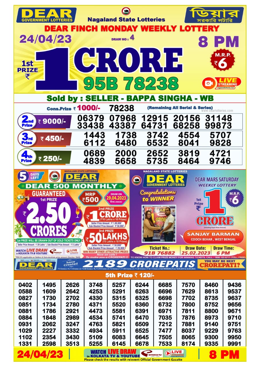 Lottery Result Today April 24, 2023