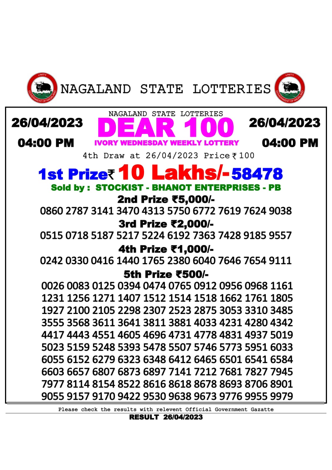 Lottery Result Today April 26, 2023