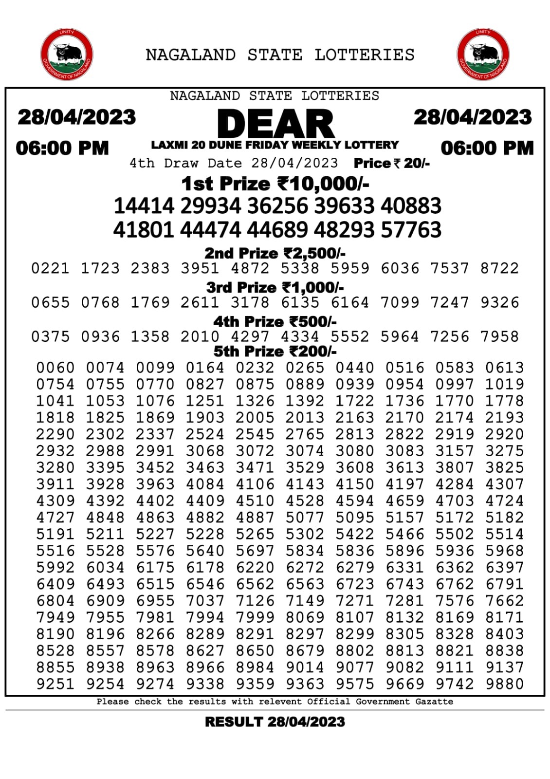 Lottery Result Today April 28, 2023