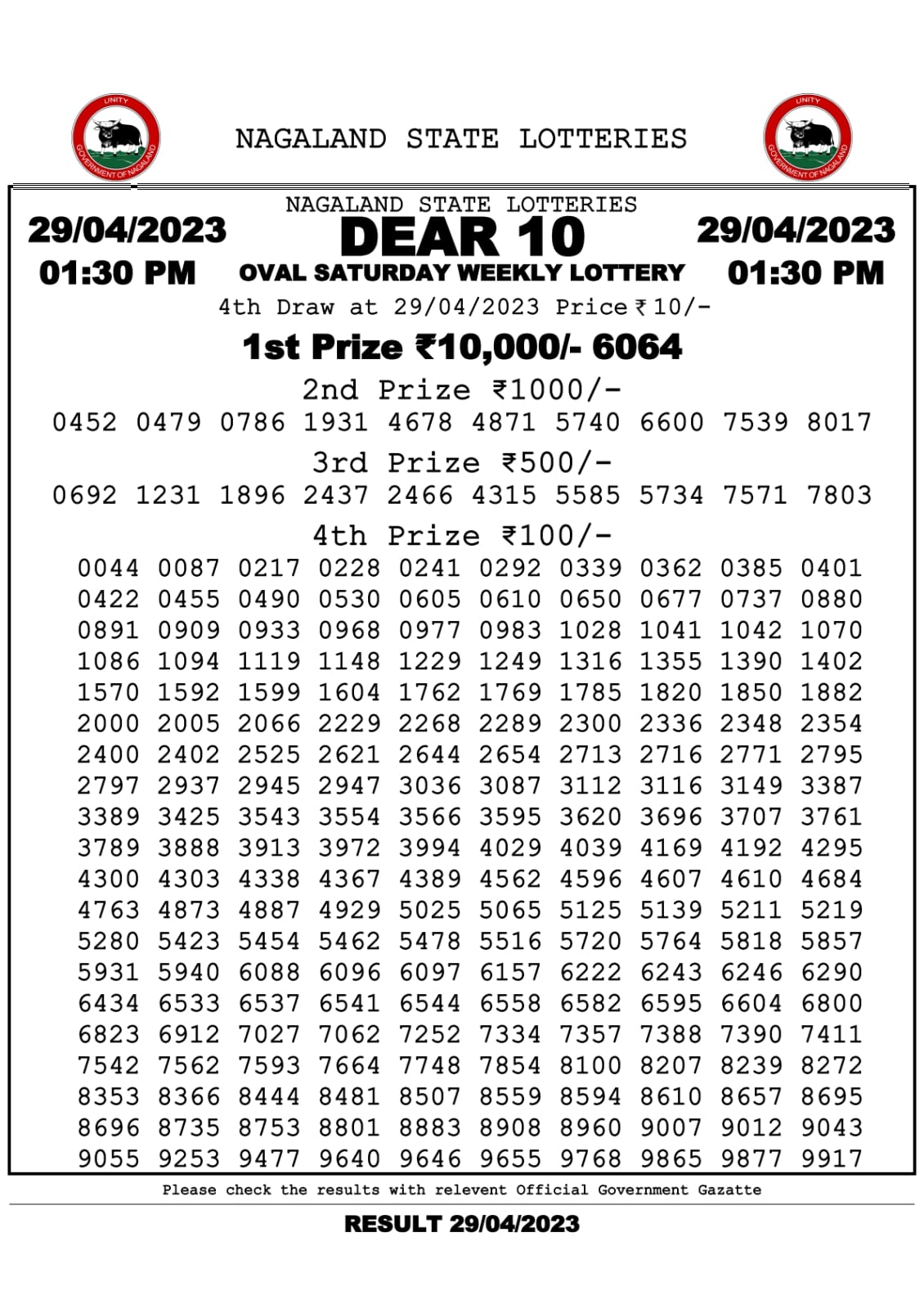 Lottery Result Today April 29, 2023