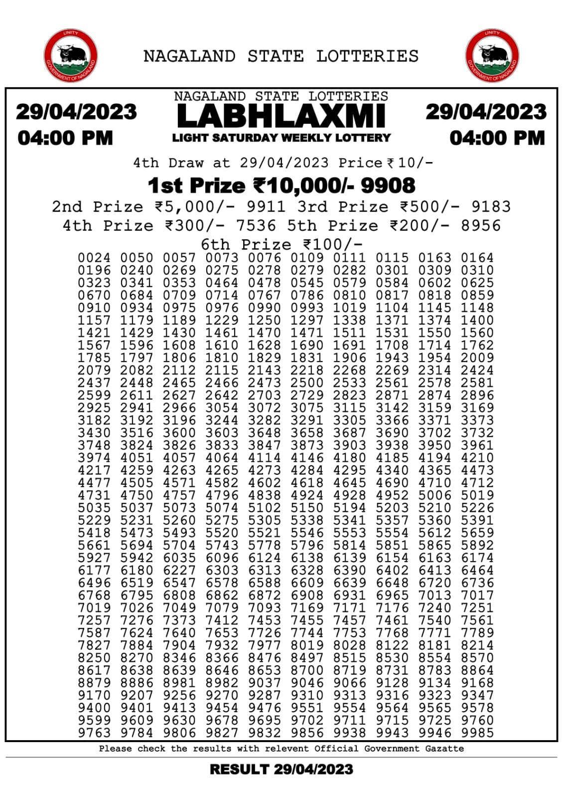 Lottery Result Today April 29, 2023