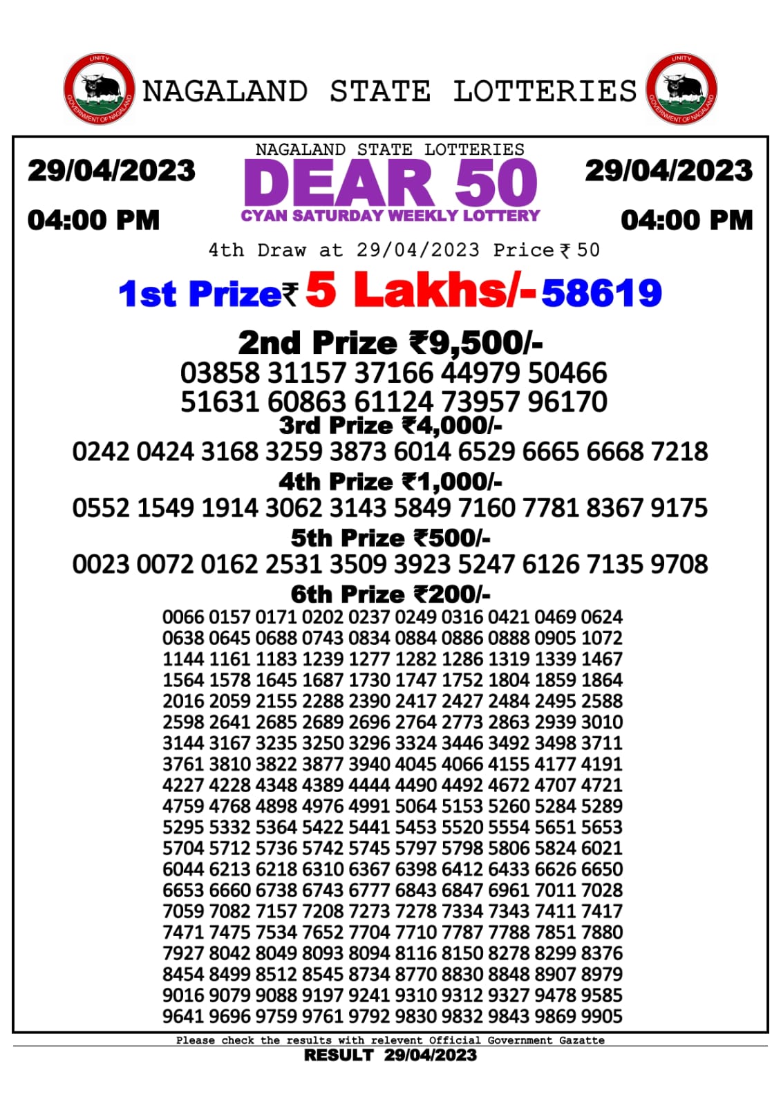 Lottery Result Today April 29, 2023