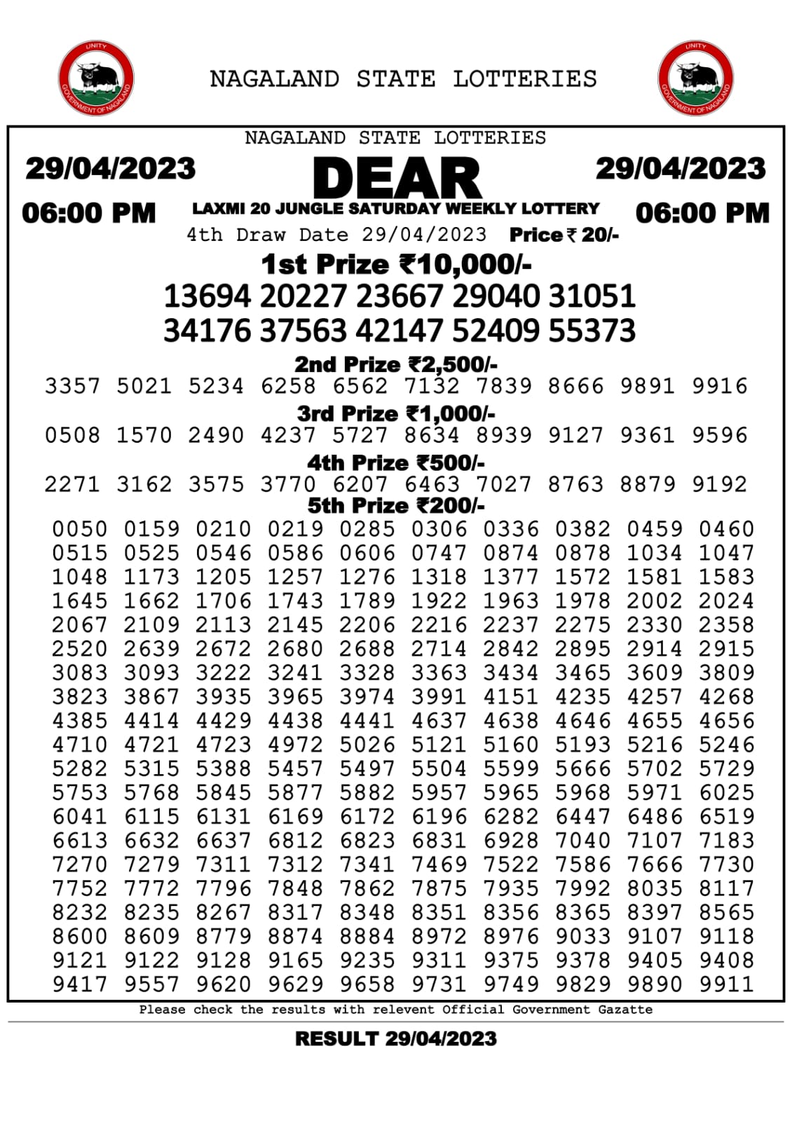 Lottery Result Today April 29, 2023