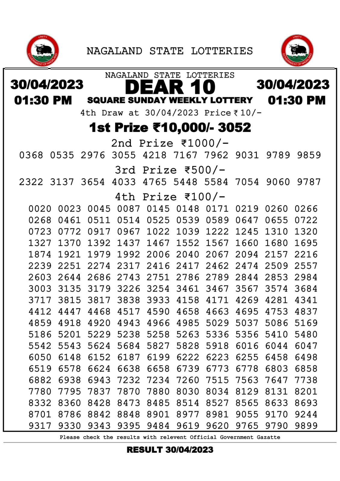 Lottery Result Today April 30, 2023