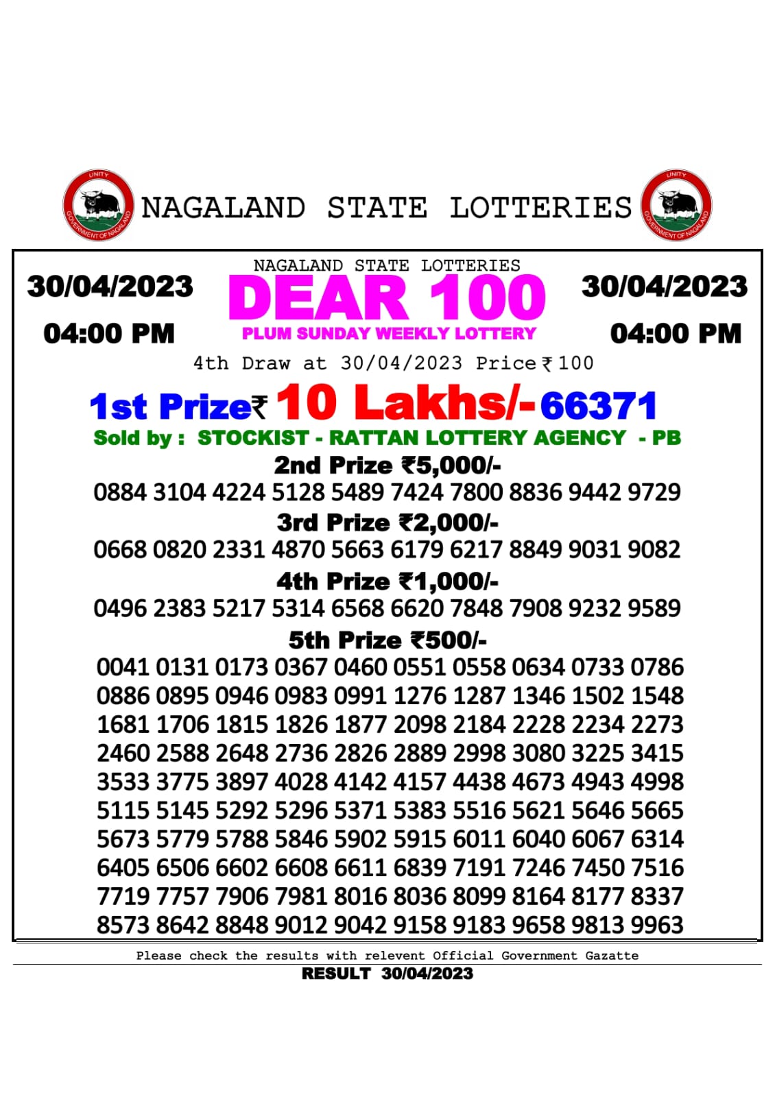 Lottery Result Today April 30, 2023