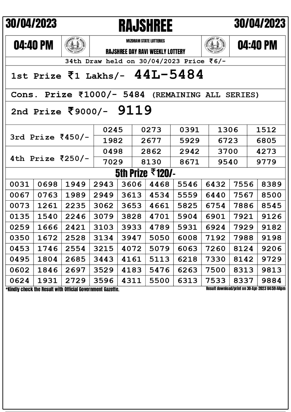 Lottery Result Today April 30, 2023