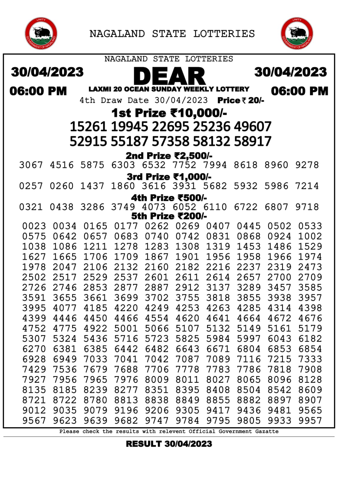 Lottery Result Today April 30, 2023