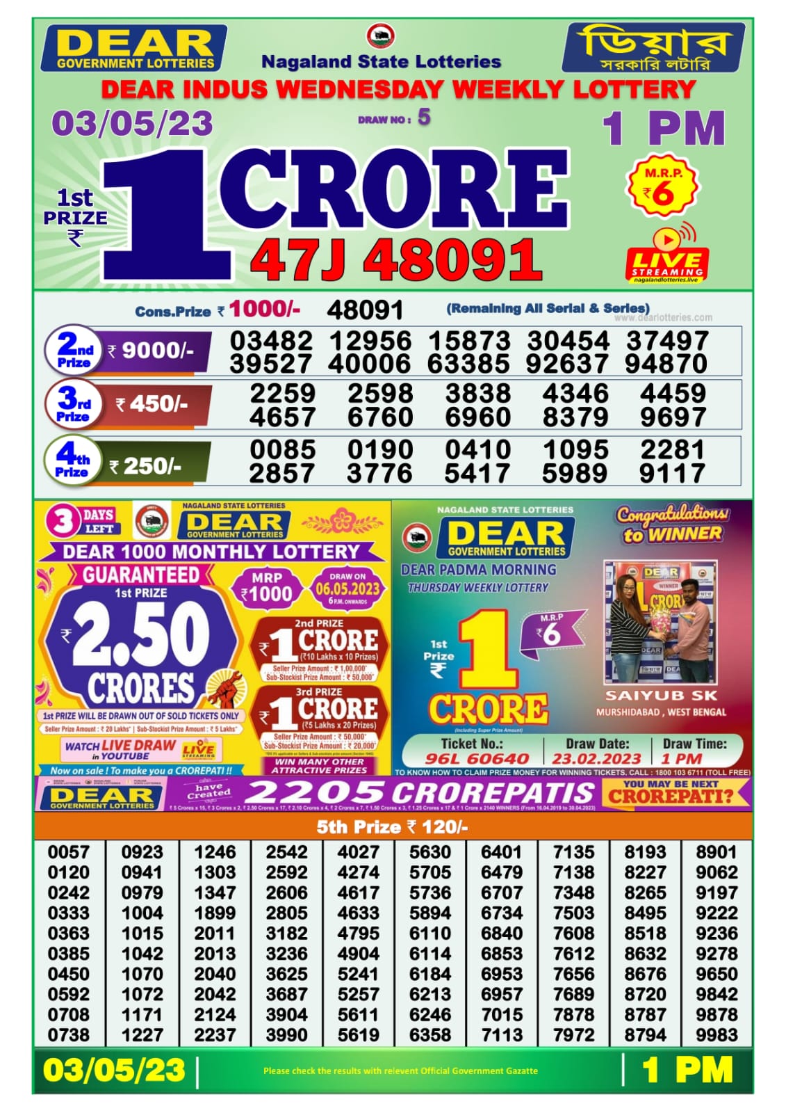 Lottery Result Today May 3, 2023