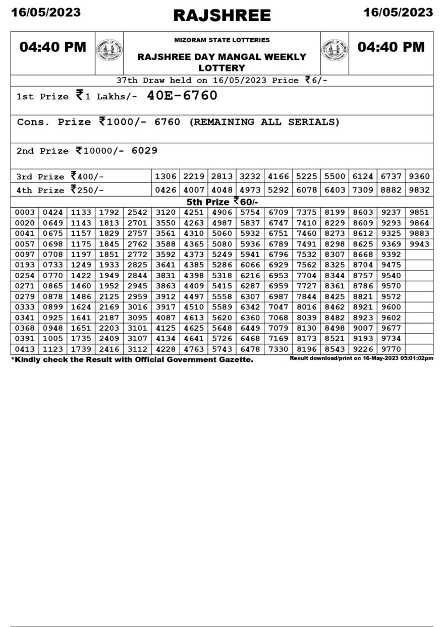 Lottery Result Today May 16, 2023