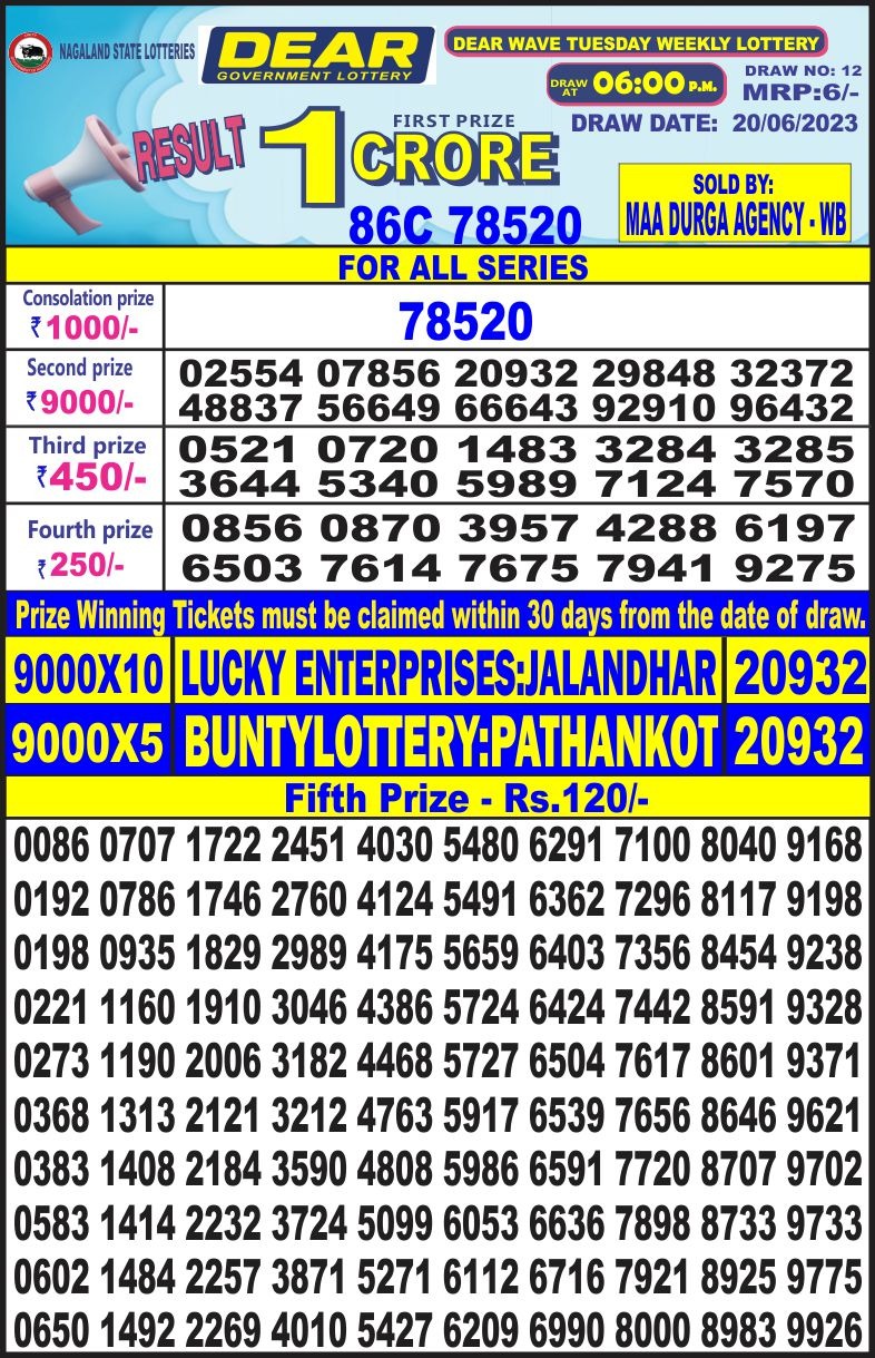 Lottery Result Today June 20, 2023