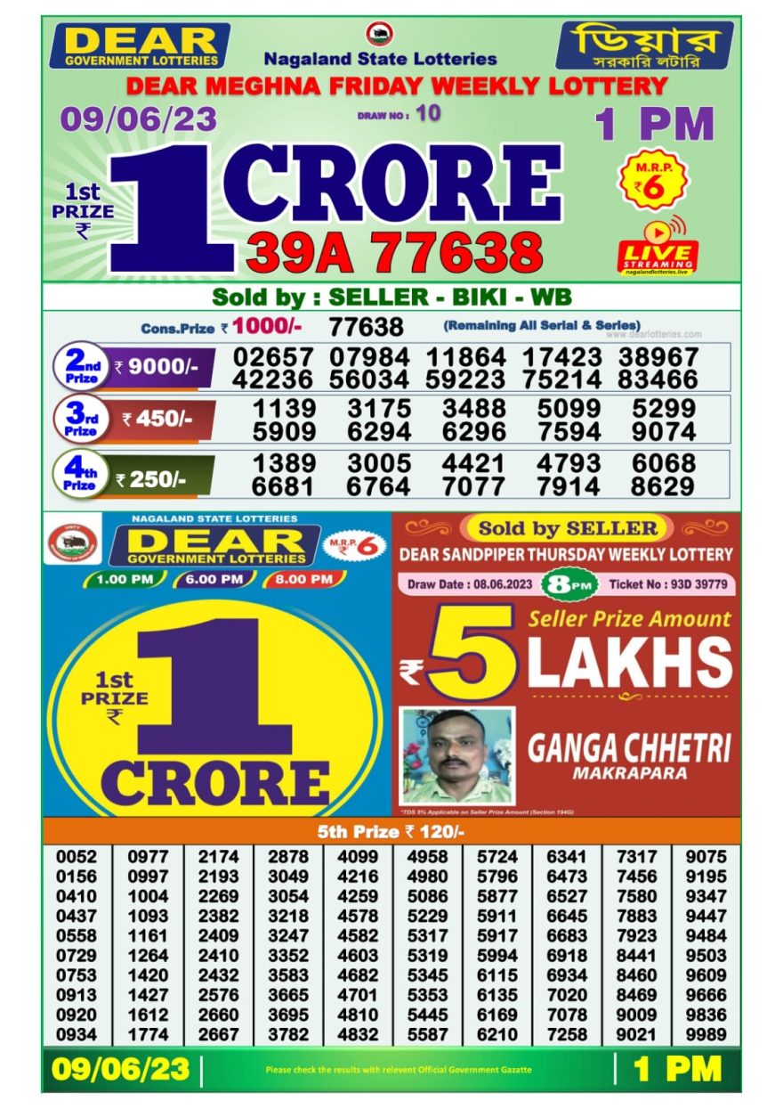 Lottery Result Today June 9, 2023