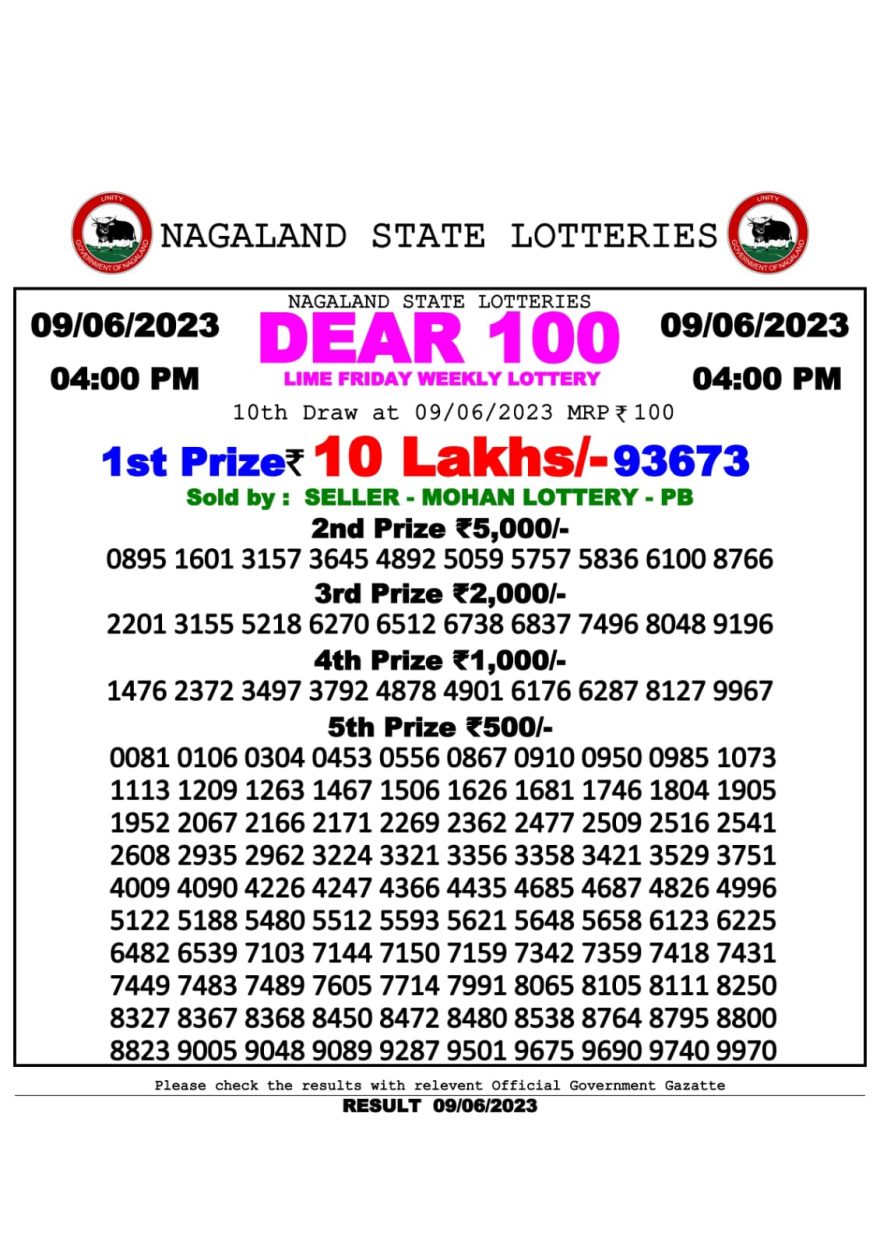 Lottery Result Today June 9, 2023