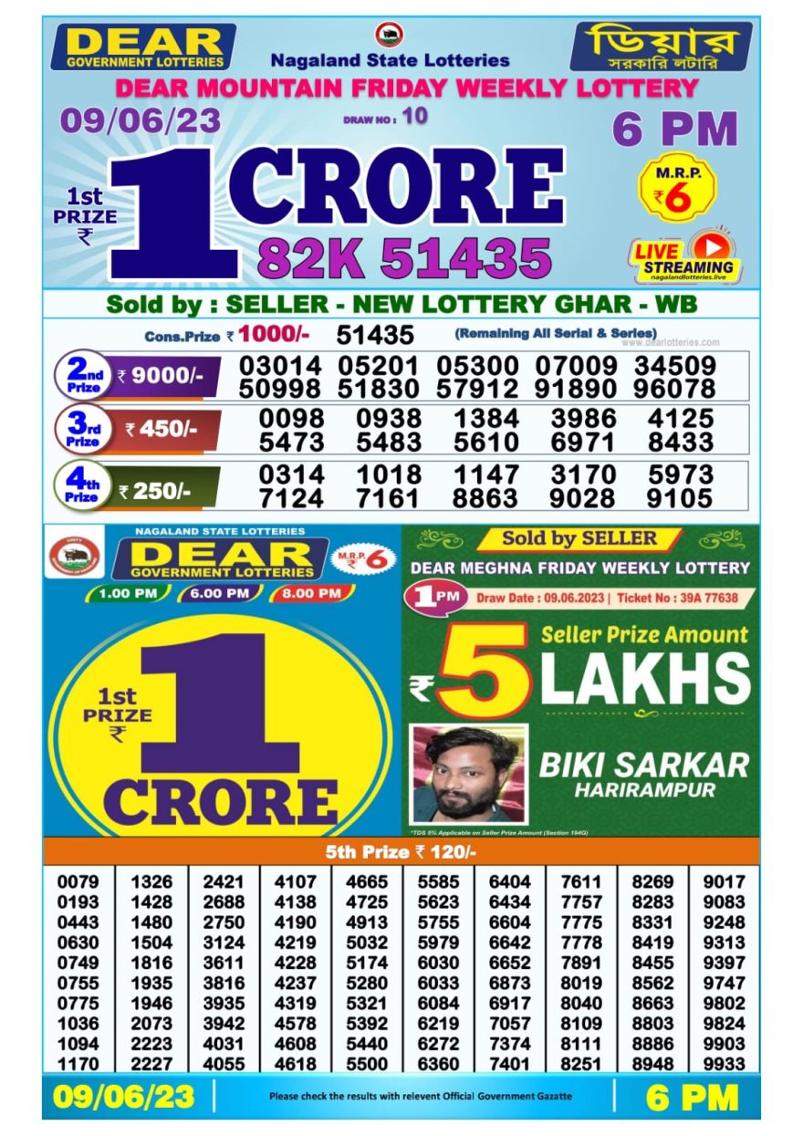 Lottery Result Today June 9, 2023