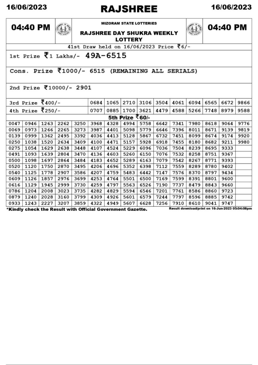 Lottery Result Today June 16, 2023